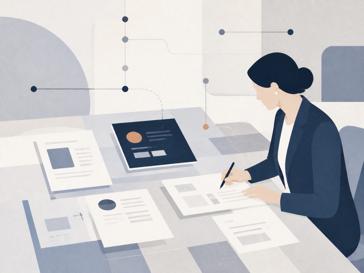 Illustration: Anwältin bereitet Dokumente und Formulare vor