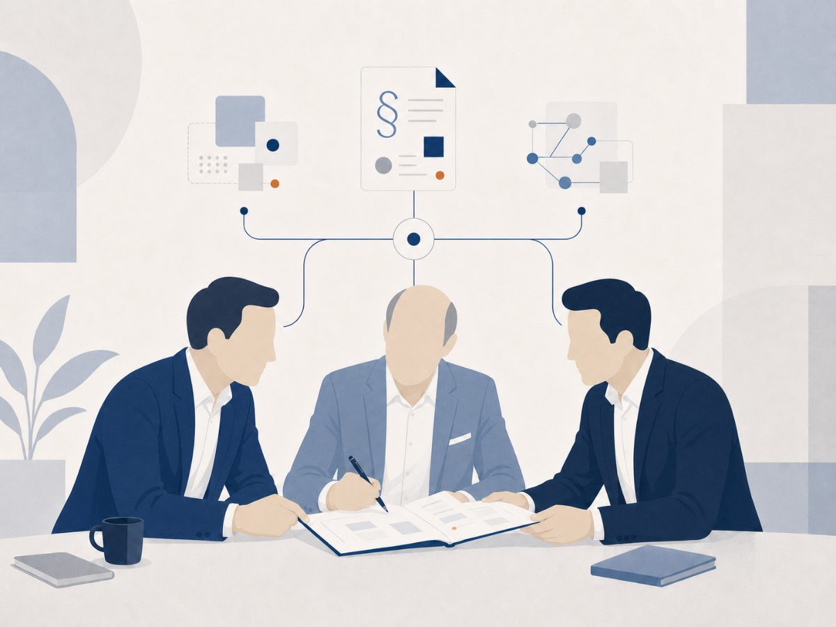 Illustration: drei Anwälte in Abstimmung am Besprechungstisch